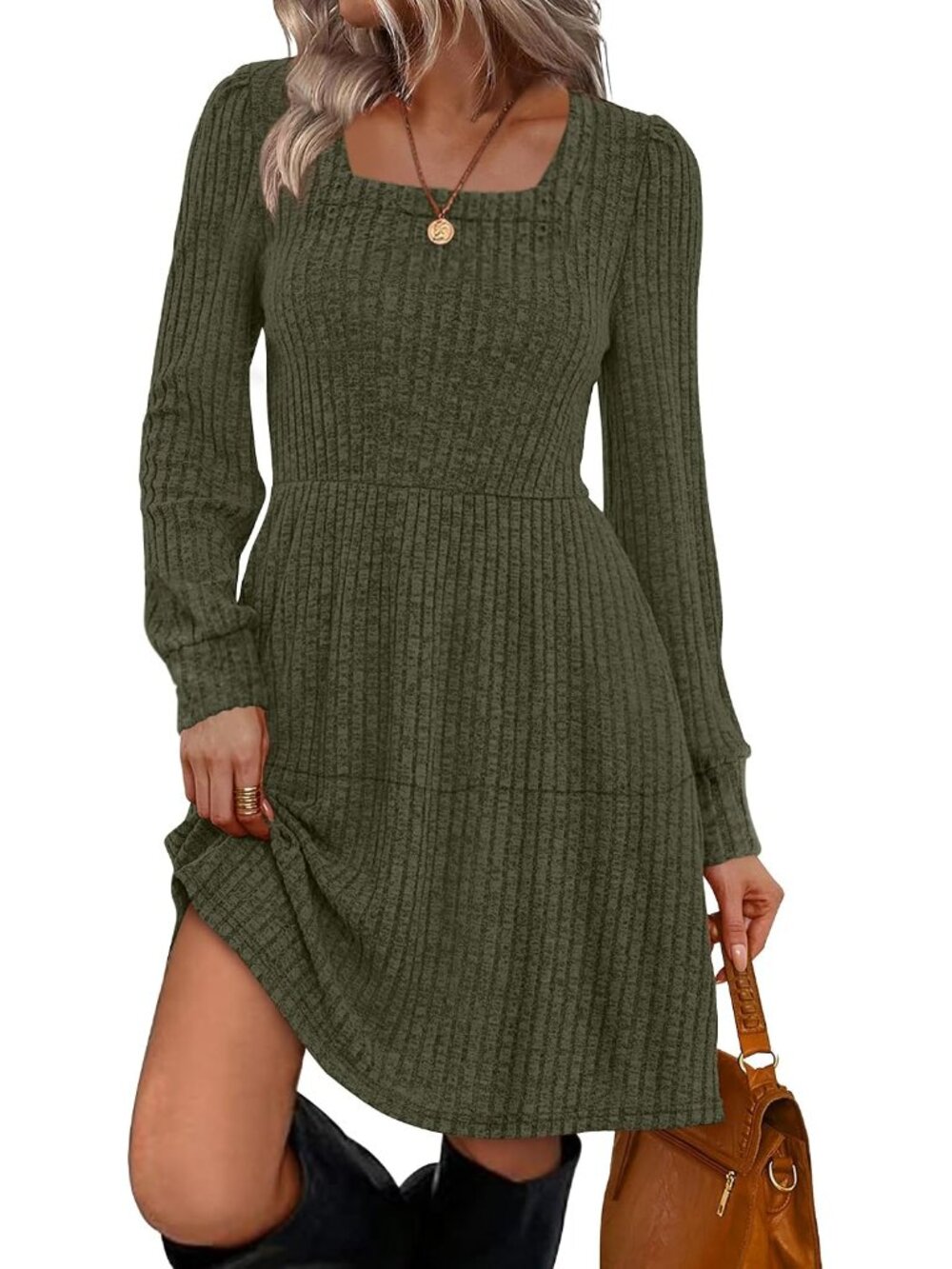 Womens Square Neck Long Sleeve Fall Dresses Casual Babydoll Sweater Dress